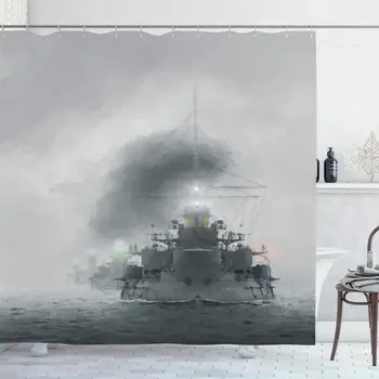 

Shower Curtain Set with Hooks 66x72 Inches Colorful Steam Fog Clouds Battleships Warship Naval Digital Trendy Paintings Boat