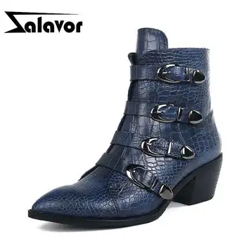 

ZALAVOR 2020 New Snakeskin Pvc Ankle Boots Pointed Toe Slip On Low Heels Shoes Fashion Autumn Winter Women Footwear Size 34-42