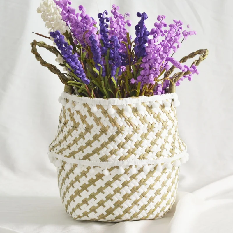 

Handmade Straw Storage Baskets Home decor Tassels Foldable Laundry Basket Patchwork Seagrass Garden Flower Pot Planter Basket