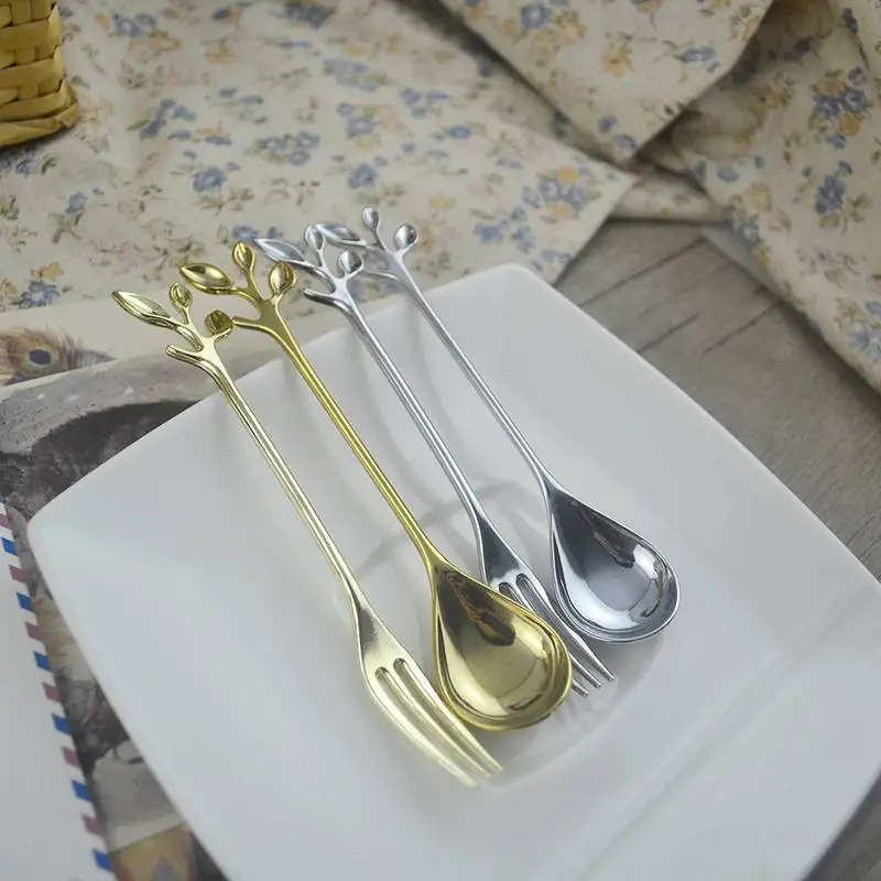 ABUI-8Pcs/открыли филиал листья Форма кофейная/чайная ложка десерт салат вилки для фруктов, столовые приборы мороженое помешивая ложкой дома Кухня Sup