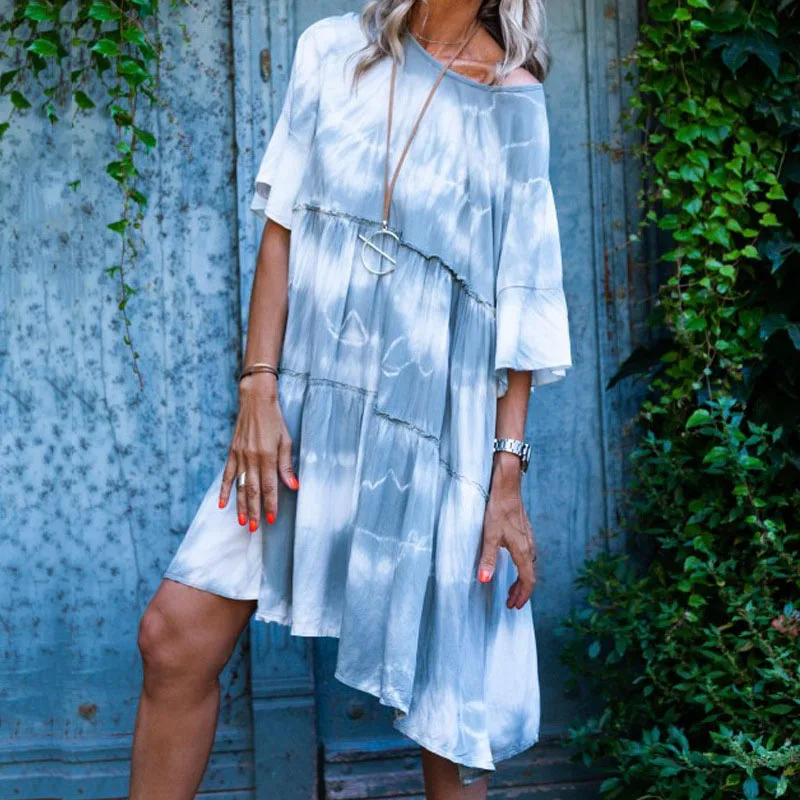 Elsvios осень Boho Tie-Dye с открытыми плечами мини-платье сексуальное женское с открытой спиной обвязанное пляжное платье повседневное платье с коротким рукавом Vestidos - Цвет: White