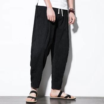 

Men's Streetwear Casual Wide Trousers Sweatpants Ankle-length Drawstring Plain Long Pants Clothes Linen Ankle Hip Hop Pants