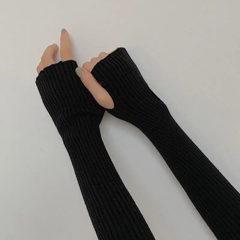Women Winter Ribbed Knit Long Fingerless Gloves Over Elbow Arm Warmer Lady Female Casual Outdoor Sleeve Protector Case