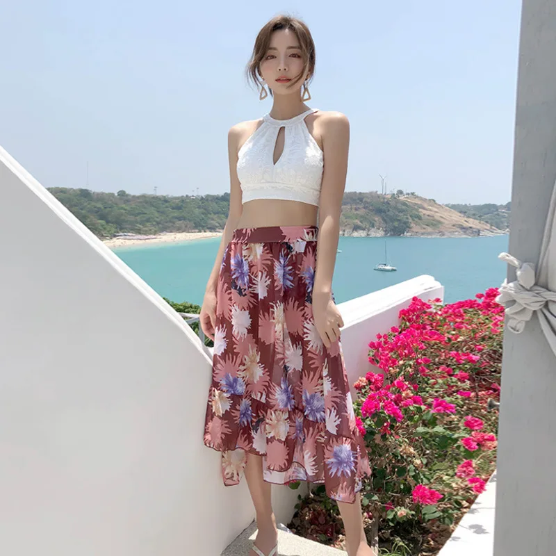 

Bathing Suit Women's Three-piece Set Bikini Split Type Printed Boxer Conservative Slimming Belly Covering Small Bust Gathering H
