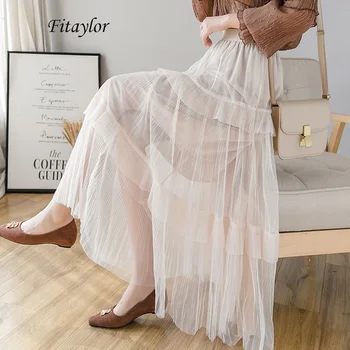 

Fitaylor New Summer Women Sweet Cake Layered Long Tulle Skirts High Waist Pleated Skirt Female Ruffled Slim Black Skirt
