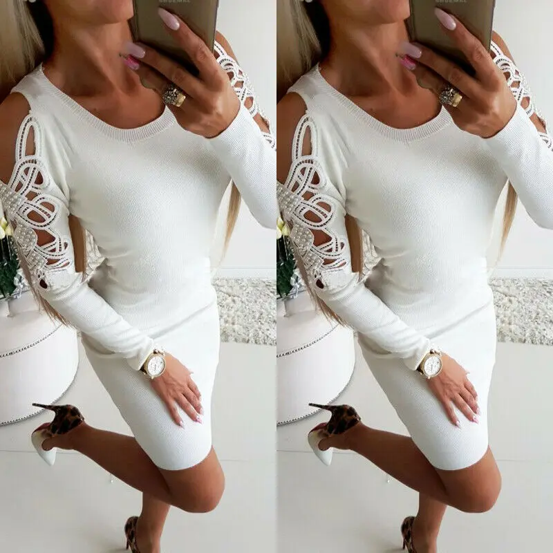 

Sexy Women's Lace Knitted Sweater Mini Dress Long Sleeve Sweater Ladies Party Casual Jumper Bodycon Mini Gown Dresses Tops