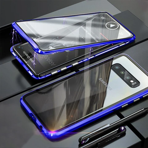 Blue 360 Magnetic Adsorption Metal Phone Case For Samsung Galaxy S8 Case S9 S10 Plus Note 10 8 9 M20 30 A10 A50 Tempered Glass Cover - Цвет: Blue