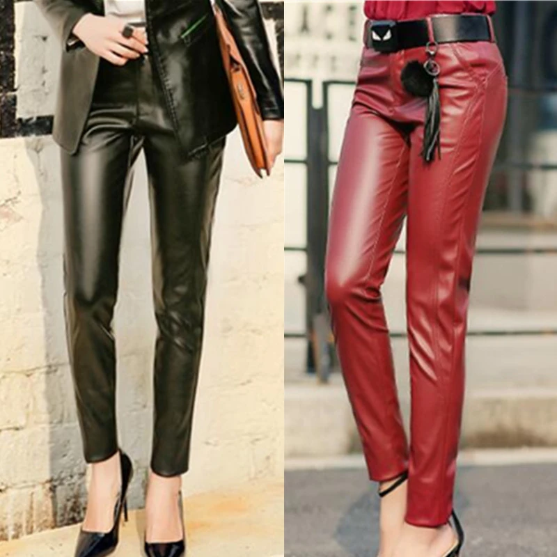 

Genuine Leather Pants Women Natural Real Sheepskin Trousers High Waist New Fashion Korean Black Red Trendy Pencil Pants Leggings