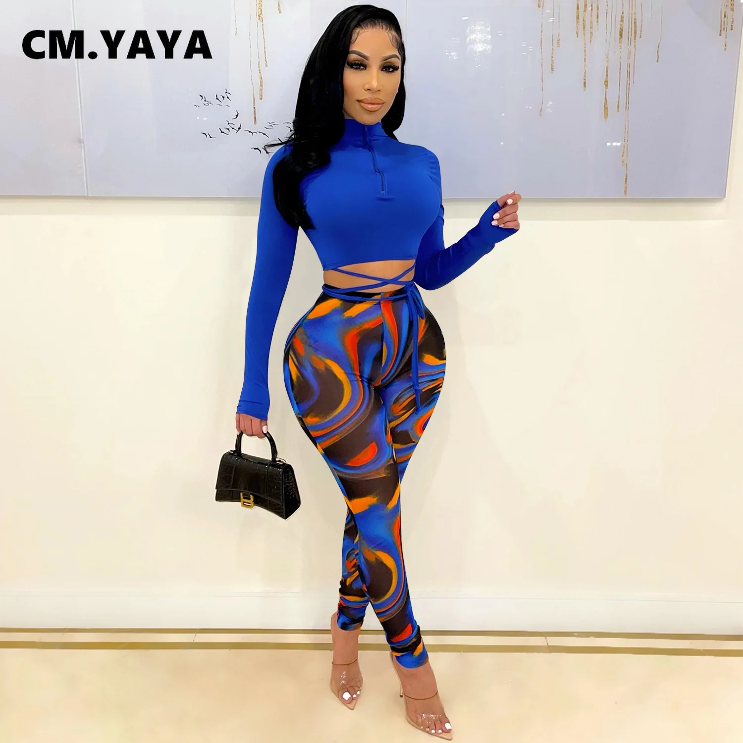 CM.YAYA Active Lace Sweatsuit Women's Set Crop Top and Legging Pants Suit  Sexy Club Party Tracksuit Two Piece Set Fitness Outfit