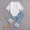 FOCUSNORM Autumn Kids Baby Girls Clothes Sets Lace Flowers Long Sleeve Romper Tops Blue Denim Pants 2pcs ► Photo 3/6