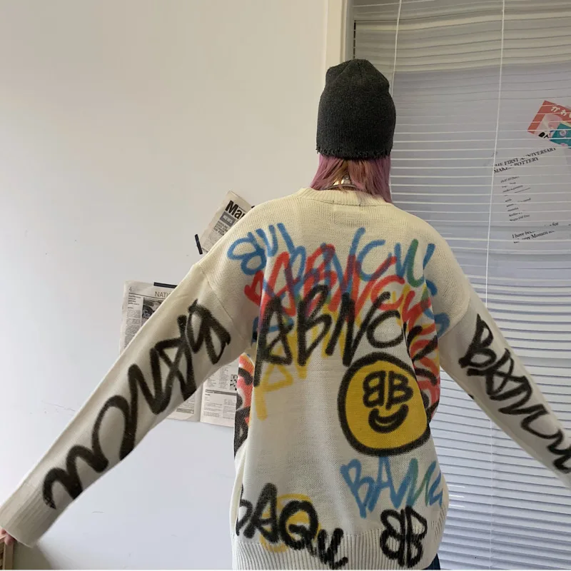 Fashion Streetwear Hip Hop Coat Sweater Autumn Winter Men And Women Lovers Doodle Do Used Knitting Unlined Upper Garment