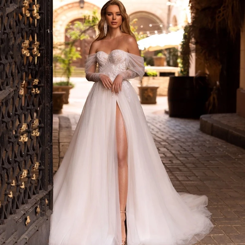 

Eightree White Wedding Dresses Beach Boho Appliques High Slit Princess Bridal Dress Off Shoulder Backless Wedding Gown Plus Size