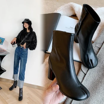 

genuine leather Women ankle Boots strange toe Side Zipper Elegant rouned Heels Pumps Wedding Office Lady Shoes Woman