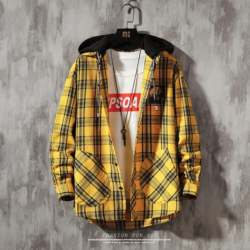 5XL Корейская клетчатая рубашка для мужчин Модная Повседневная рубашка с длинным рукавом в стиле хип-хоп Уличная Мужская блузка с капюшоном XXXXXL