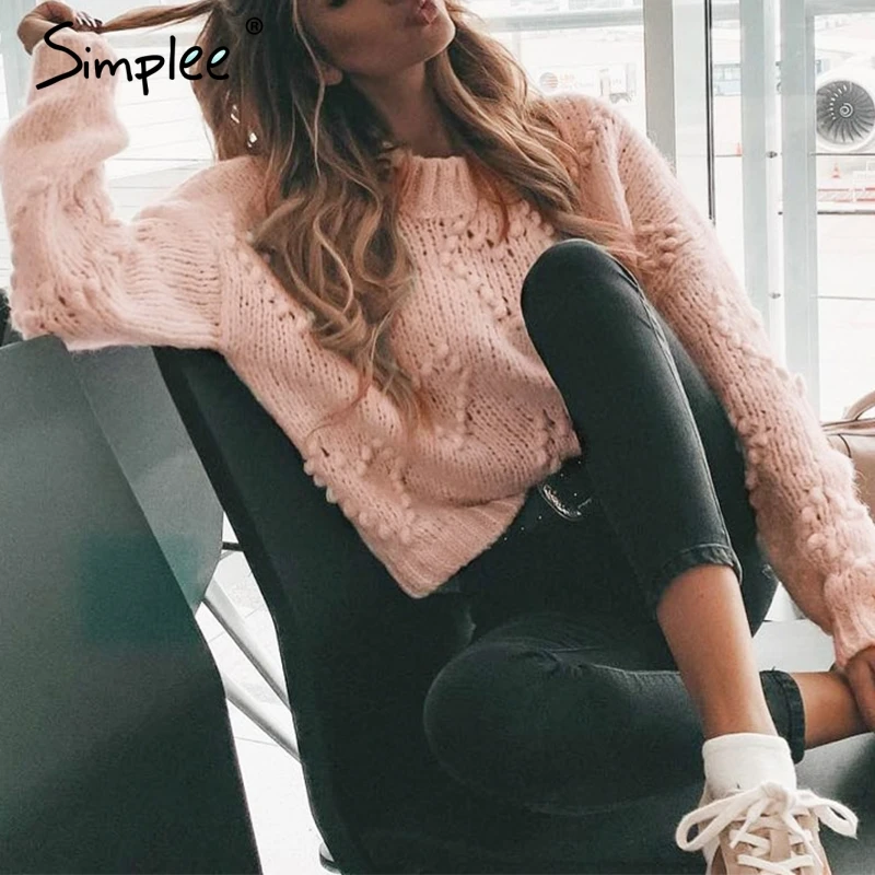 Simplee Pink hairball autumn winter sweaters ladies O neck long sleeve casual pullover New fashion loose knitted jumper