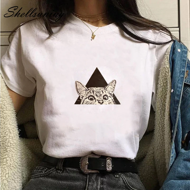 Shellsuning Harajuku забавная футболка с героями мультфильмов женская Ulzzang котом Kawaii Милая