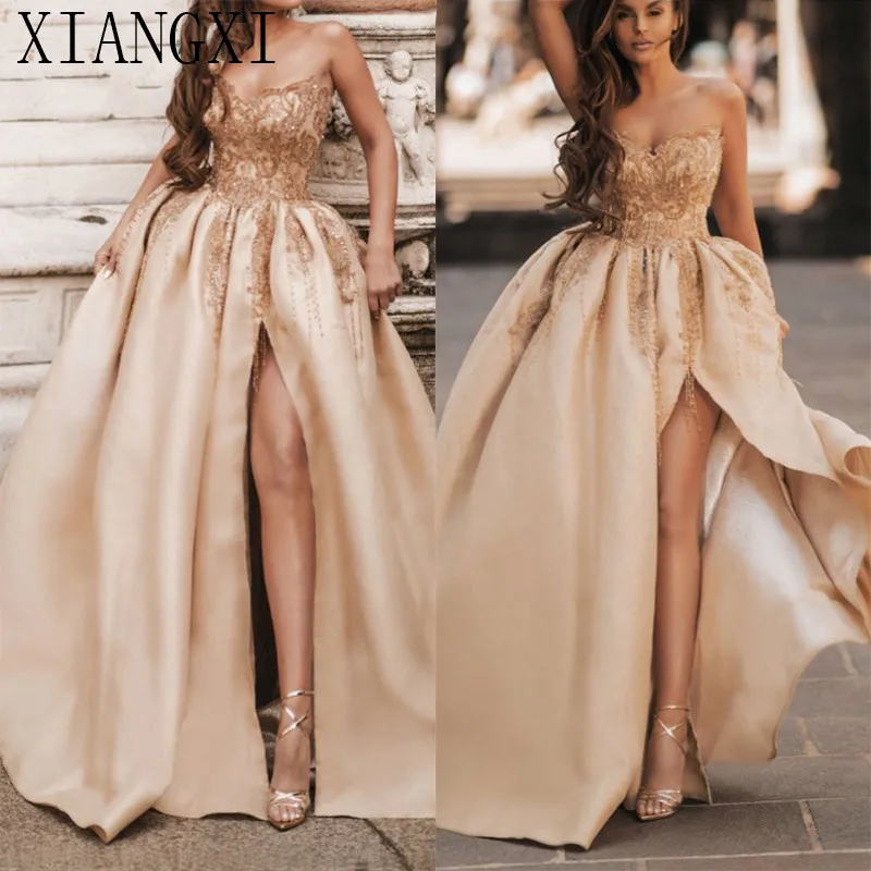 

Champagne Off Shouler Sexy Evening Dresses Satin Beading Sequined A-Line Evening Gowns Design