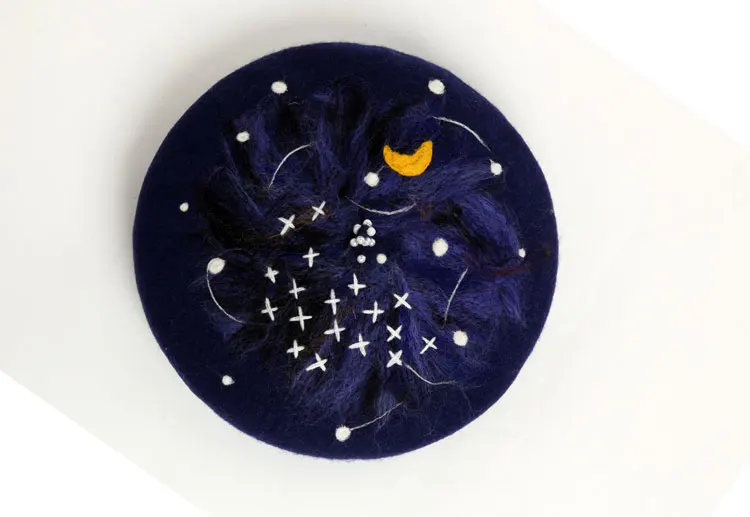 Handmade Wool Felt Beret Female Vintage Valentine'S Day Casual Fashion Starry Night Children'S Gift Hat Navy Gift Girl Wild New