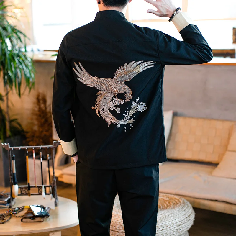 Classic Chinese Style Mens Sets High Quality Stand Collar Embroidery Men Jacket and Pants Size S M