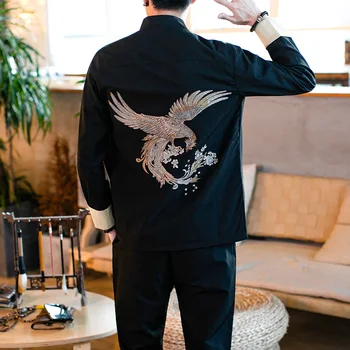 

Classic Chinese Style Mens Sets High Quality Stand Collar Embroidery Men Jacket and Pants Size S M XL 4XL 5XL Men Casual Set