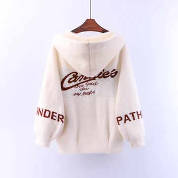 

New Autumn Winter Hooded Knitted Cardigans Thick Women Outwear All-match Solid Color Letter Long Sleeve Sweaters Jackets Coats