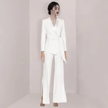 

Ellacey High-end Professional Brand Female Suit Ladies Temperament OL Workplace White Suit Blazer Wide Leg Trousers 2 Pieces Set