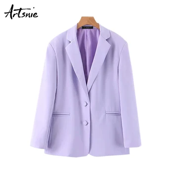 

Artsnie streetwear casual purple women blazer winter notched long sleeve double pockets coats single breasted office blazers