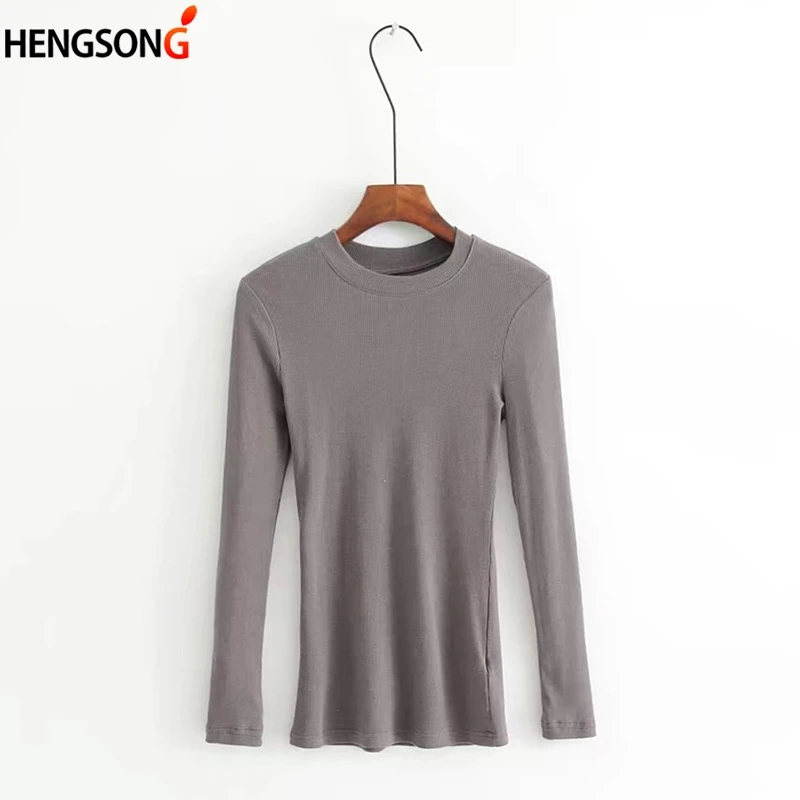 

Simple Solid Color Female T-Shirt Women Crew Neck Ribbed Long Sleeve Slim Fit Crop T-shirt Crop Tops