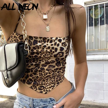 

ALLNeon Y2K Summer Fashion Leopard Print Bandage Backless Cropped Tops E-girl Sexy Sleeveless Lace up Straped Tank Top Vintage