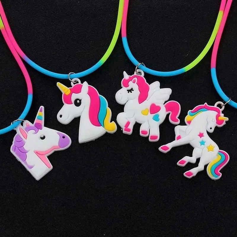 1pcs children's jewelry PVC Unicorn baby Rainbow Necklace Silicone Collar Cartoon pendant necklace beaded necklace childrens necklace