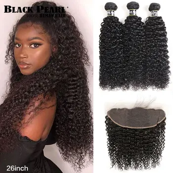 

Black Pearl Kinky Curly Lace Frontal Closure 13x4 With Bundle Brazilian Curly Weave Remy Human Hair 3 Bundles With Lace Frontal