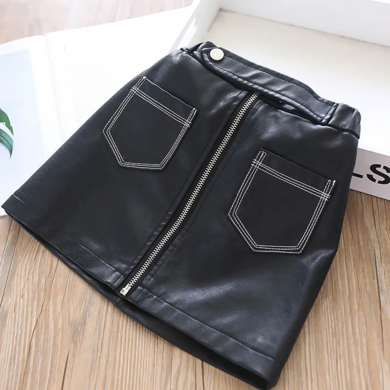 

Autumn 2019 Girl Double Pocket Zipper Fashion PU Leather Skirt Children's Short Skirt Wholesale