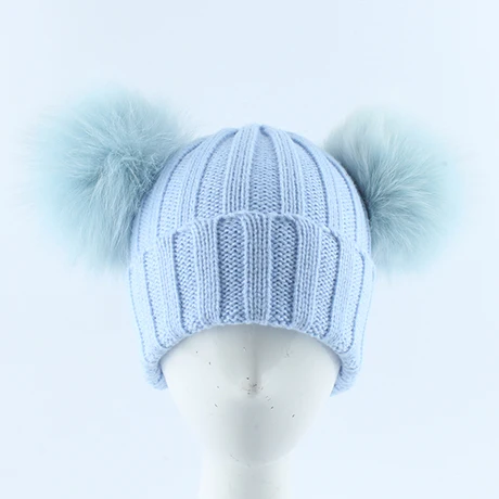 Синий New Winter Hats For Girls Boys Fox Fur Pompom Hat Baby Kids Beanie Double Pompom Fur Hat Children Knitting Hat Skullies - Цвет: Синий