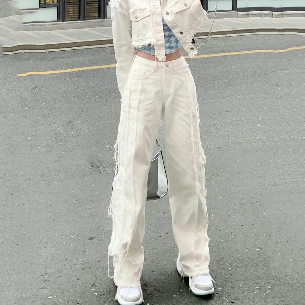 Fall 2021 New Fashion Chic Raw Edge Design Harajuku Street High Waist Straight Wide Leg Jeans Women All-match Denim Trousers |