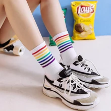 Осень Зима забавные носки Harajuku полосатые носки женские хлопковые белые радужные носки с принтом Длинные теплые носки до лодыжки