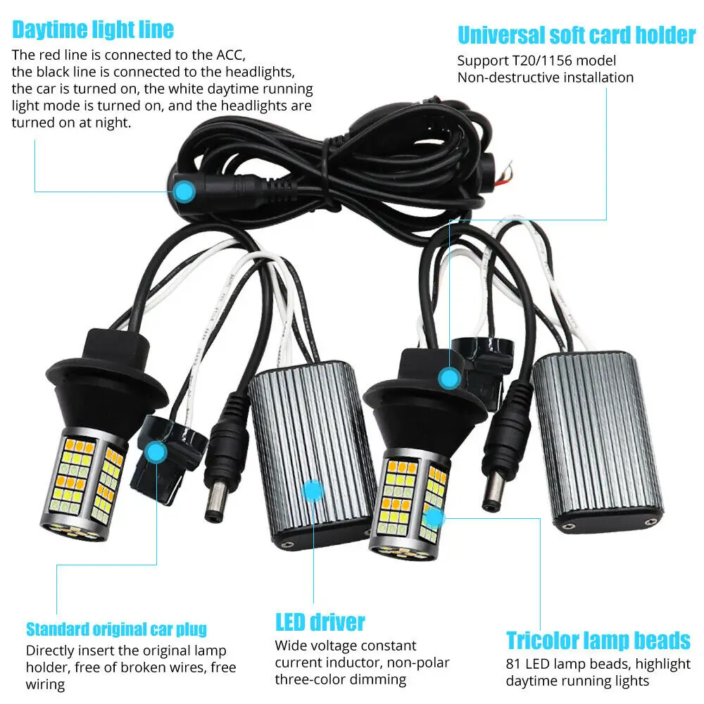 T20 7440 светодиодный лампочка 54 Вт 81SMD Белый DRL синий ночник Янтарный сигнальный светильник поворота
