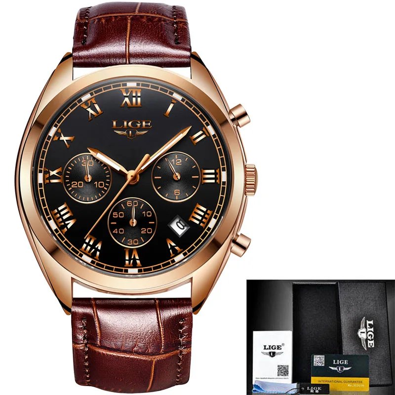 LIGE мужские часы Топ бренд класса люкс водонепроницаемые 24 часа дата Кварцевые часы мужские кожаные спортивные наручные часы Relogio Masculino - Цвет: Gold black leather