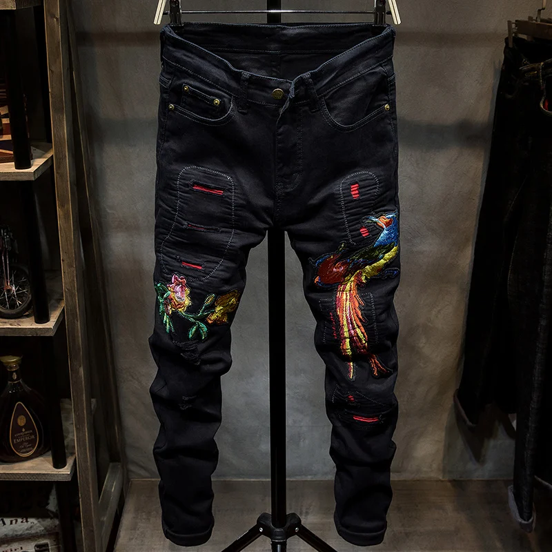 

Wind Jean Pantolon Erkek Phoenix Embroidery Jeans Men's Black Slim Small Straight Tube Army Green Hole Red Elastic Overalls