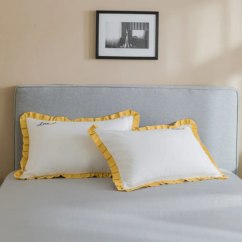 

Four Seasons Pillowcase Washed Cotton Wide Edge Embroidered Pillowcase Pair Comfortable Soft Lace Pillow Cover Princess Style