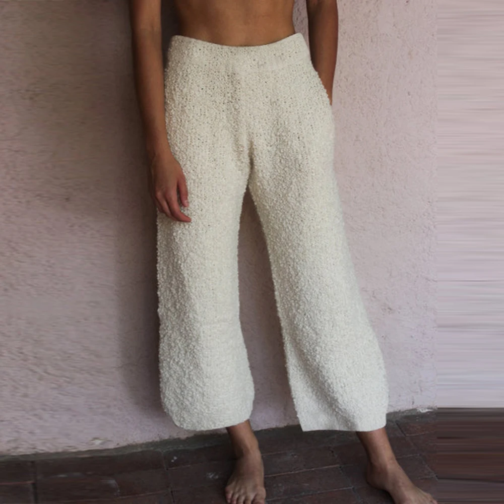 

Winter Wide Leg Pants Women 2019 Casual Warm Trousers Ladies Solid Plush Loose Knitted Pants Female Trouser pantalon femme D30