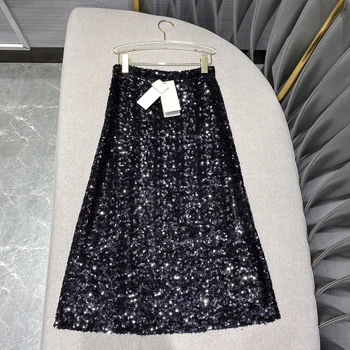 

2020 New Autumn High Waist Side Slit Sequin Skirt High Quality Female Retro Elegant Skirt