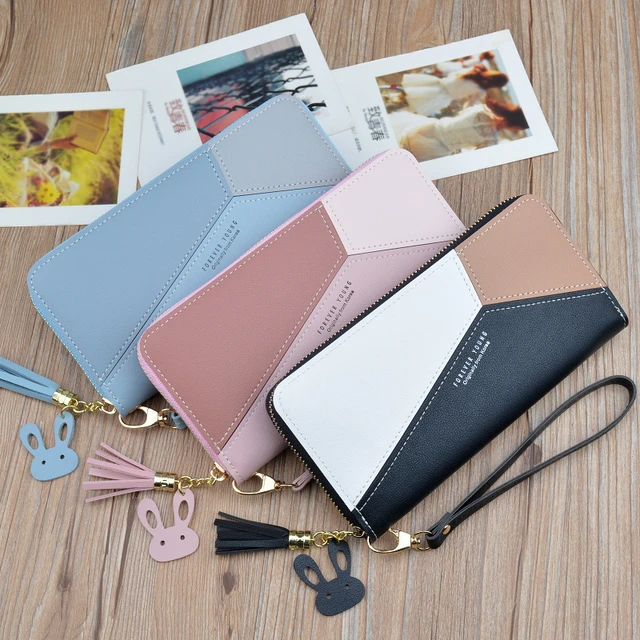 Geometric Patchwork PU Leather Women Long Zipper Wrist Purses Tassel Design Clutch Forever Young Wallet Female Card Holder 2