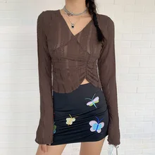 

2021autumn New Flare Long Sleeve V-neck See-through mesh T-shirts Tops Sexy Y2k Solid Color Fashion All-match Women's Clothing