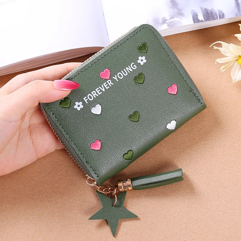 

PACGOTH New Fashion PU Leather Embroidery Heart Tassel Star Short Colorful Wallets For Women Clutch Purse Money Card Clip Wallet