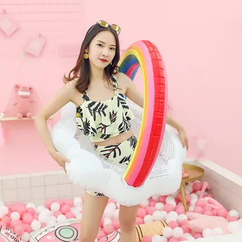 

90cm Colorful Rainbow clouds Bling Sparkling Adult Circle Swimming Rings Inflatable Pool Float Glitter Round Party Toys Piscina