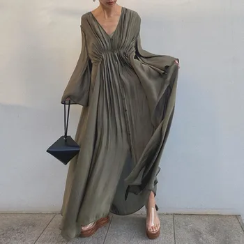 

Women Long Sleeve Korean Dress 2020 Autumn Summer V Neck Casual A-Line High Waist Pleated Long Maxi Dresses Office Ladies