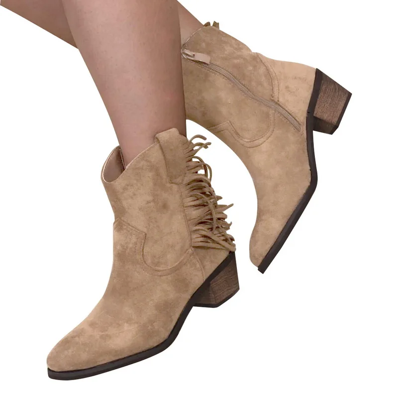 

MoneRffi 2019 Autumn Boots Med Chunky Heel Side Zipper Pointed Toe Boots Women Half Short Tassel Boots Botas Women Footwear