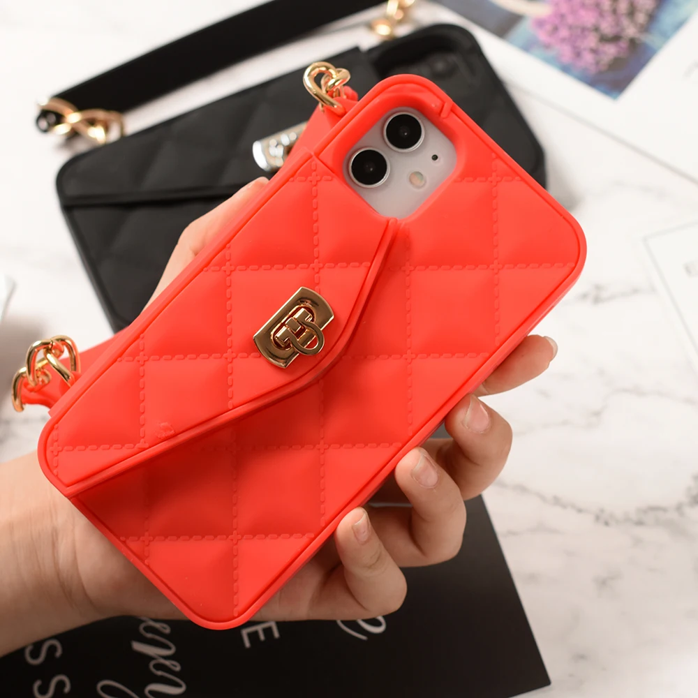 Wallet Case For iPhone 13 12 11 Pro Max Mini 8 7 6 Plus XS Max Soft Silicone Card Slot Handbag Purse Phone Cover With Long Chain iphone 13 pro max case clear