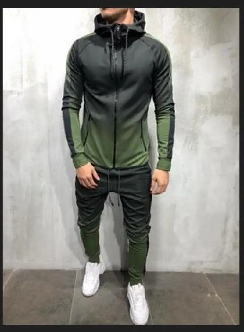 Fashionable men's high neck gradient color sportswear hoodie tops jogger gym plain zipper pocket slim fit