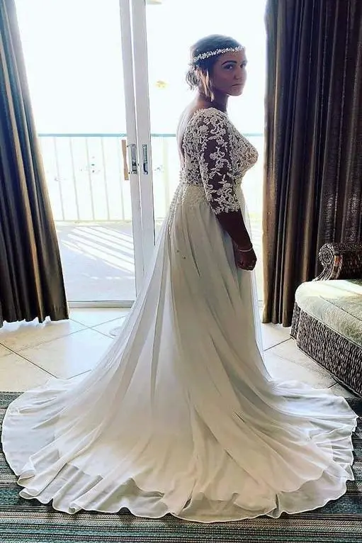 

Lace Chiffon Beach Greek Goddess Wedding Dresses with Half Sleeve 2020 Modern Backless Jewel Neck Bohemian Bride Wedding Gown